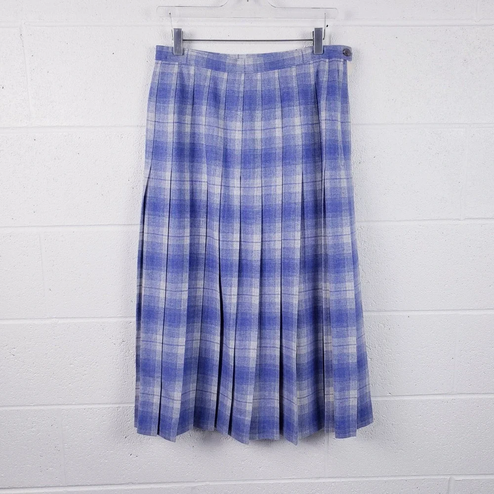 Vintage Pendleton Midi Skirt Periwinkle Blue Plaid Pleated Wool Womens 14